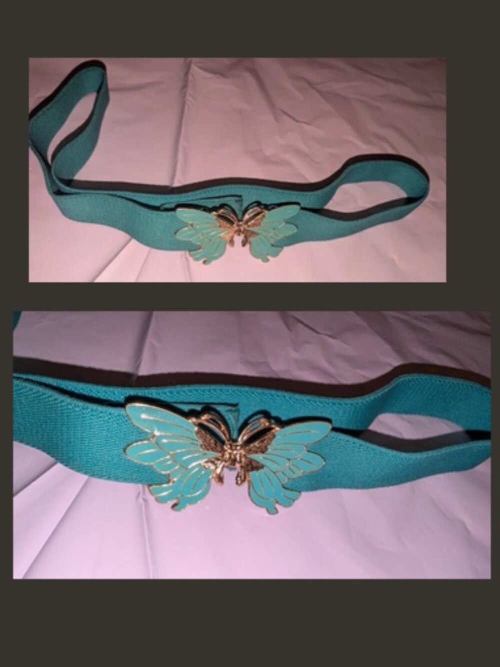 Womens Vintage Stretch Elastic Belt Ornate Butterfly Clasp - Teal Blue